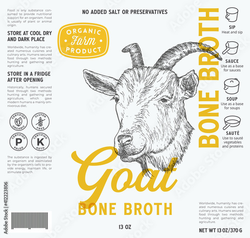 Goat Bone Broth Label Template. Abstract Vector Food Packaging Design Layout. Modern Typography with Hand Drawn Goat Face Sketch Background with Instruction Icons. Isolated