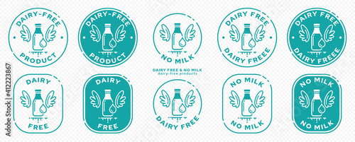 Concept for product packaging. Labeling - dairy free, milk free. A bottle with milk and wings is a symbol of freedom from dairy ingredients. Vector set.
