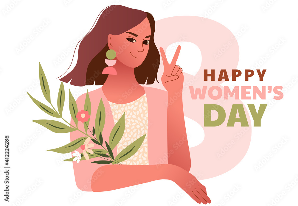 International Women Day. 8 March. Happy sexy woman doing victory gesture. Vector template with beautiful women for card, poster or flyer. International Women Day. 8 March. Happy sexy woman doing victory gesture. Vector template with beautiful women for card, poster or flyer.