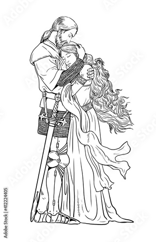 Knight and his queen. Love of Tristan and Isolde. Digital drawing. photo