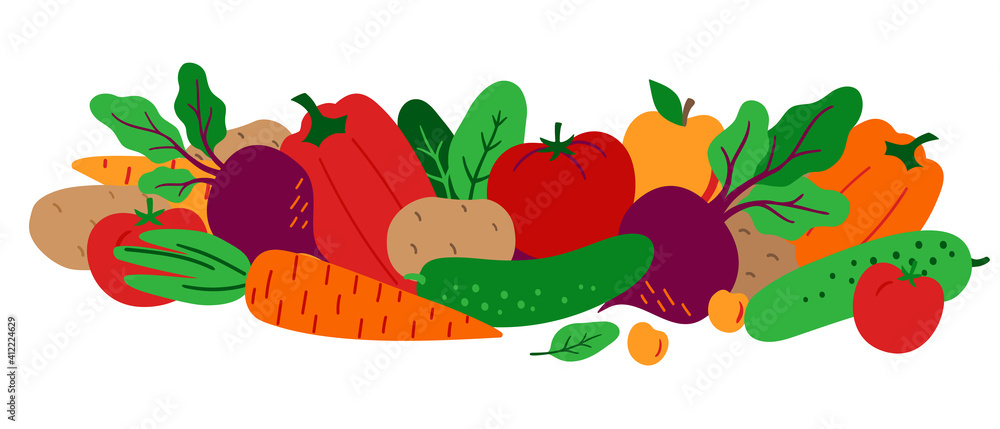 Fresh vegetables and fruits composition isolated on white background. Healthy lifestyle concept. Natural organic food: tomato, cucumber, potato, beet, carrot, pepper, apple, greens. Vector flat style. Fresh vegetables and fruits composition isolated on white background. Healthy lifestyle concept. Natural organic food: tomato, cucumber, potato, beet, carrot, pepper, apple, greens. Vector flat style.