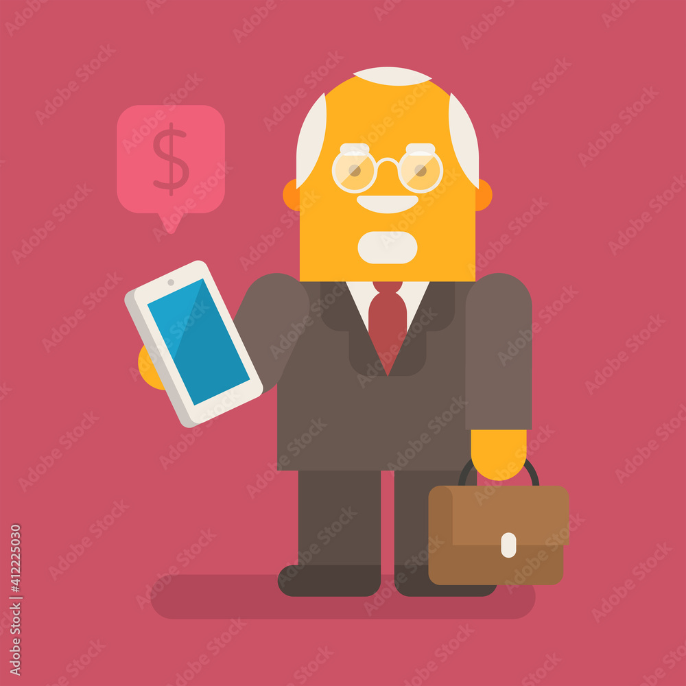 Old businessman holding mobile phone and suitcase. Vector character