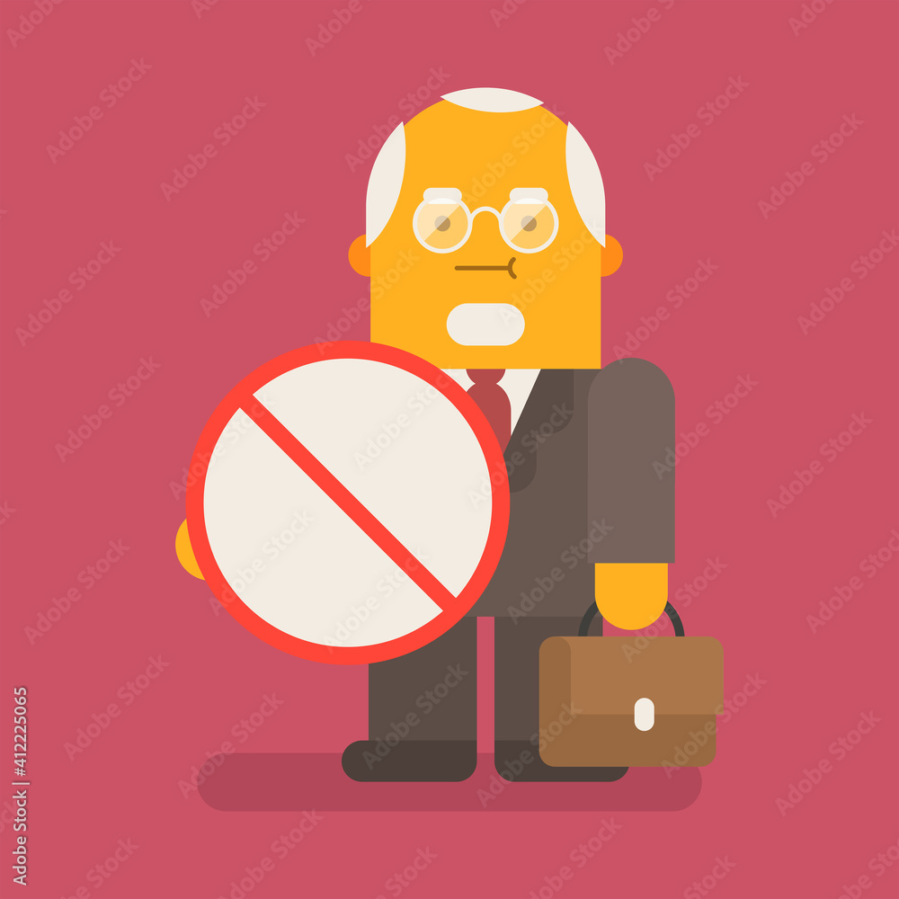 Old businessman holding prohibition sign and suitcase. Vector character