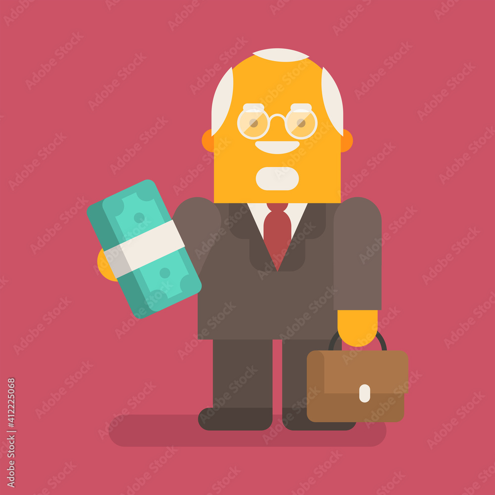 Old businessman holding wad of money and suitcase. Vector character Old businessman holding wad of money and suitcase. Vector character