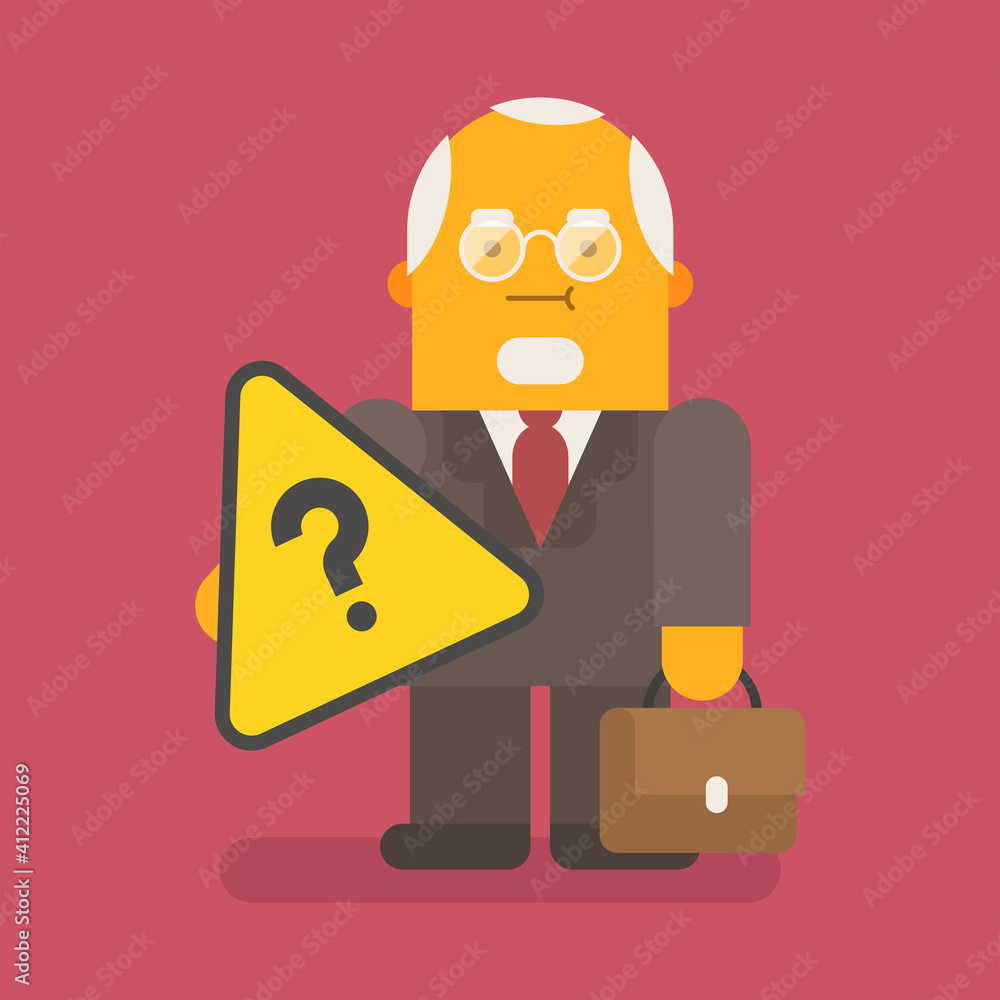 Fototapeta premium Old businessman holding question mark and suitcase. Vector character