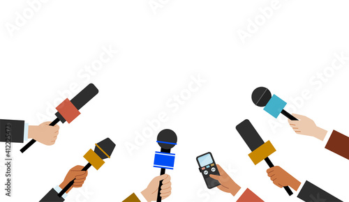 Hands are holding colorful microphones. Correspondents interview with special equipment. People holdinf devices for recording a human voices. Different microphones isolated on white background