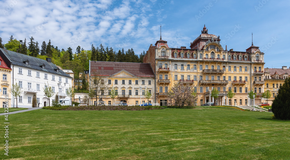 Goethe Square in spring time with building of city museum and spa house Kavkaz - spa center of Marianske Lazne (Marienbad) - Czech Republic