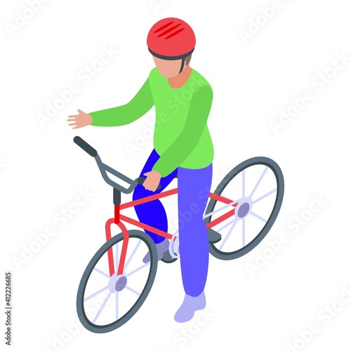 Biker kid cycling icon. Isometric of biker kid cycling vector icon for web design isolated on white background