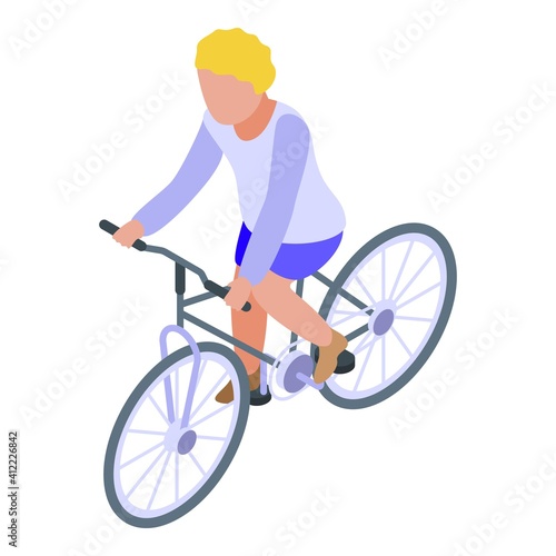 Blonde kid cycling icon. Isometric of blonde kid cycling vector icon for web design isolated on white background © ylivdesign