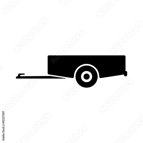 Car trailer icon. Side view. Black silhouette. Vector flat graphic illustration. The isolated object on a white background. Isolate.