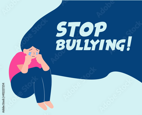 Girl crying because of anxiety or panic attack. Stop bullying women card. Depressed young female flat character. Abuse children concept. children with mental disorder problem. Vector illustration.