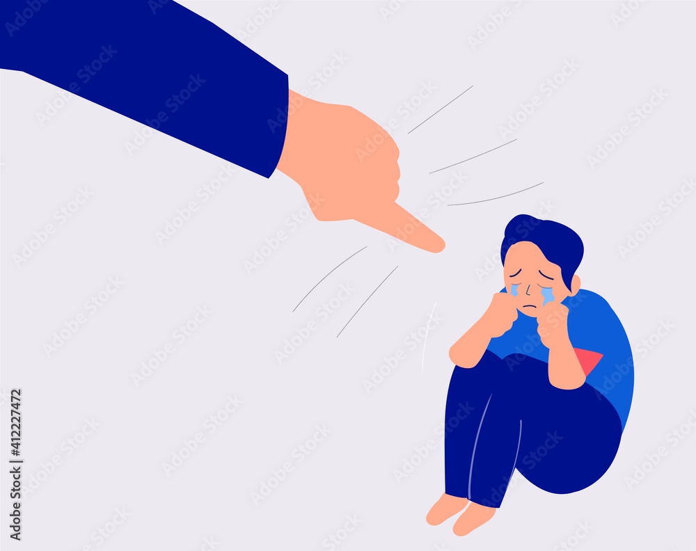 Flat design boy character. Feeling sad and crying. Male covering his face with his hands from finger pointed at him. Person with mental disorder problem. Bullying on children at school concept. Vector Flat design boy character. Feeling sad and crying. Male covering his face with his hands from finger pointed at him. Person with mental disorder problem. Bullying on children at school concept. Vector