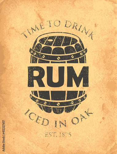 Vector banner with inscription Rum, and the words Iced in oak. Decorative illustration with a big wooden barrel of rum on an old paper background in grunge style.