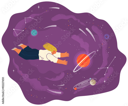 Woman sleep flying in space vector flat with planets and stars cartoon cosmic scene. Female character holding planet with dream universe. The girl flies in space. Abstract style people
