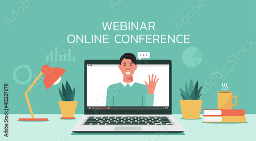 webinar online meeting concept, remote working or work from home and anywhere, man using video conference via laptop computer screen, vector flat illustration