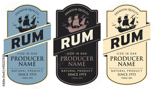 Set of three vector labels for rum in a figured frames with sailing ships and inscriptions in retro style. Premium quality, iced in oak, collection of strong alcoholic beverages
