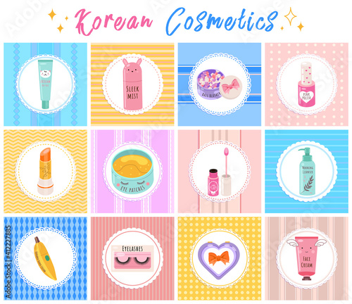 Korean cosmetics skin care and beauty banner with cosmetic accessories in a white round frames. Bright poster with a set of skincare and makeup beauty products fashion collection vector illustration