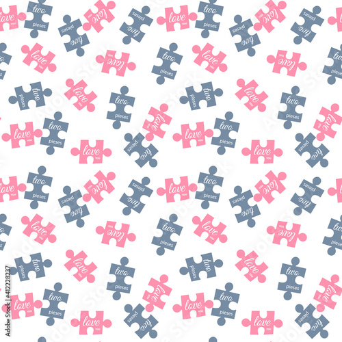 Seamless pattern with puzzles. The two halves are a love story. Endless texture in a romantic style. Vector illustration