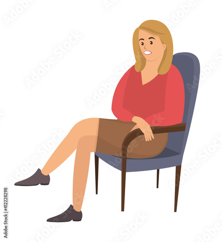 Sitting female person flat vector illustration. Adult woman in armchair isolated on white background. Serious woman sits on a chair and looks to the side. Patient at the reception of a psychotherapist