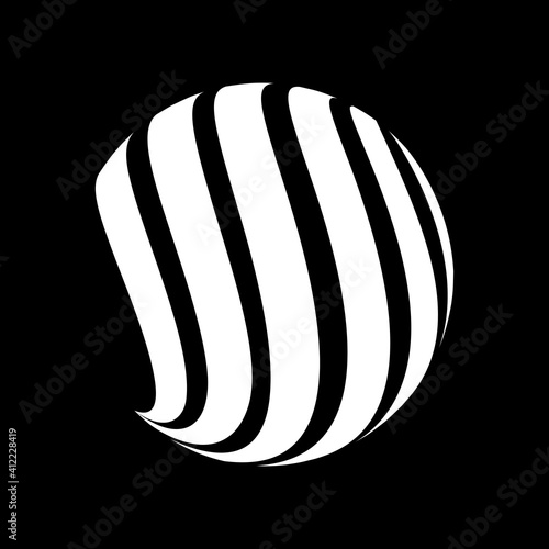 Abstract globe stripes sphere  3d style striped globe icon effect. White ball logo in dark background. Earth logo shape. Vector illustration. It can use as logo  icon  banner  business card.