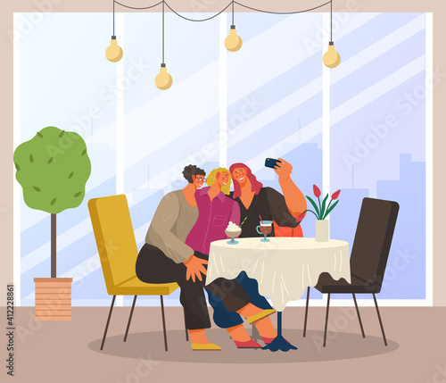 Young woman girlfriends making video for social media, taking selfie photo on smartphone, serfing internet while sitting in cafe. Girls friends meeting in restaurant, women eat ice cream with coffee