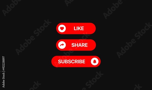 Youtube Red social media elements. Like button. Share button. Subscribe button. Notification icon. Vector illustration