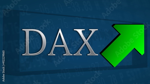 The German blue chip stock market index Dax is trading higher. A green tilted arrow symbolizes a bullish scenario. The silver DAX title on a blue background with the arrow indicates a price rise. photo