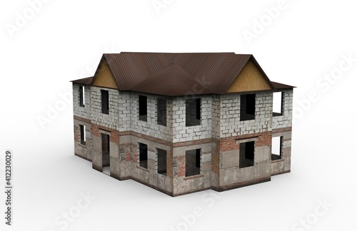 Old building render on a white background. 3D rendering