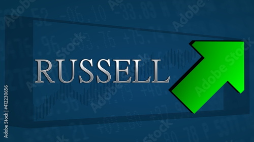The Russell US stock market index is trading higher. A green tilted arrow symbolizes a bullish scenario. The silver Russell title on a blue background with the arrow indicates a price rise.