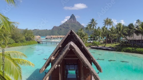 Aerial - Flying over wedding Chapel overlooking Mount Otemanu in luxury resort in Bora Bora