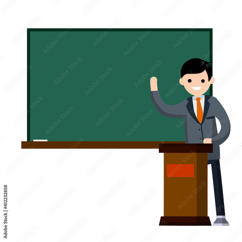School teacher stands near blackboard. Lecturer in College in classroom. Profession at University. Cartoon flat illustration. Podium for speech. Clean chalkboard for chalk text. man in suit School teacher stands near blackboard. Lecturer in College in classroom. Profession at University. Cartoon flat illustration. Podium for speech. Clean chalkboard for chalk text. man in suit