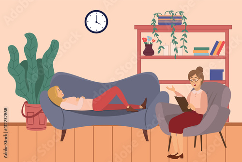 At the reception of a psychotherapist. A woman is lying on a couch in a psychologist s office female psychiatrist sits opposite and takes notes, helps to solve personal problems and overcome fears