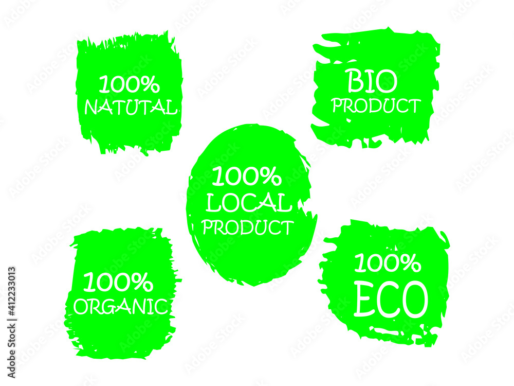Organic, 100% bio, eco, natural product, vegan food, natural farming, vegetarian labels. Vector collection of paint brush strokes isolated on white background. Hand drawn abstract design elements set.