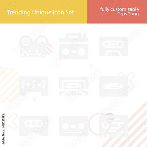 Simple set of cassette related filled icons.