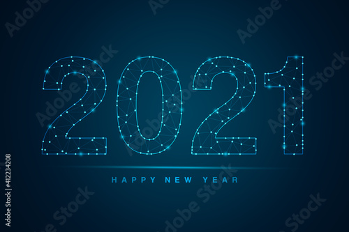 Abstract mash line and point scales on dark background with 2021 Happy New Year. Wire frame 3D mesh polygonal network line, design sphere, dot and structure. Vector illustration 
