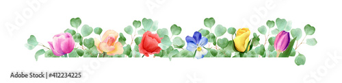 Watercolor banner with roses  tulips  poppy  pansy  eucalyptus leaves. Floral horizontal frame  border illustration with green plant and flowers