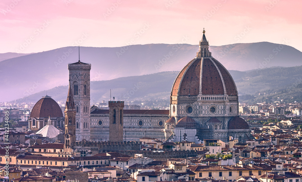 Duomo Santa Maria Del Fiore in the city of Florence at sunset. Tuscany, Italy.
