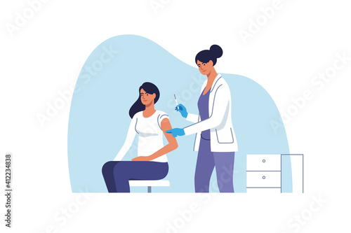 Coronavirus vaccination. Woman getting vaccinated against Covid-19 in hospital. Doctor injecting a patient, getting first shot of covid vaccine in arm muscle. Vector illustration.