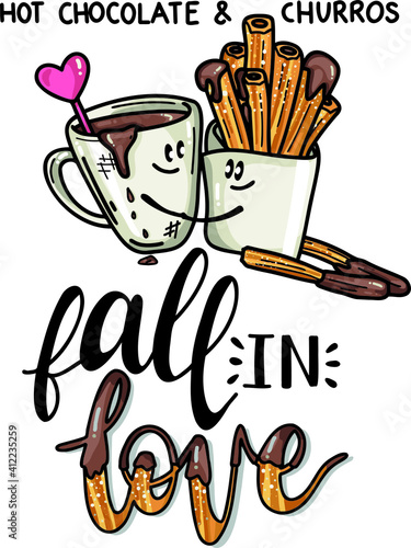Hot chocolate and churros in love.
Written in lettering fall in love
Valentine's Day card. Food couples.
Happy couple. Vector illustration. 