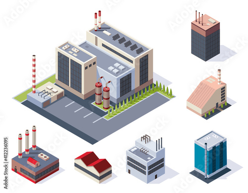Factory isometric. Concept of industrial working plants with chimney tower. Industrial buldings. 3d isolated icons set. Vector flat style