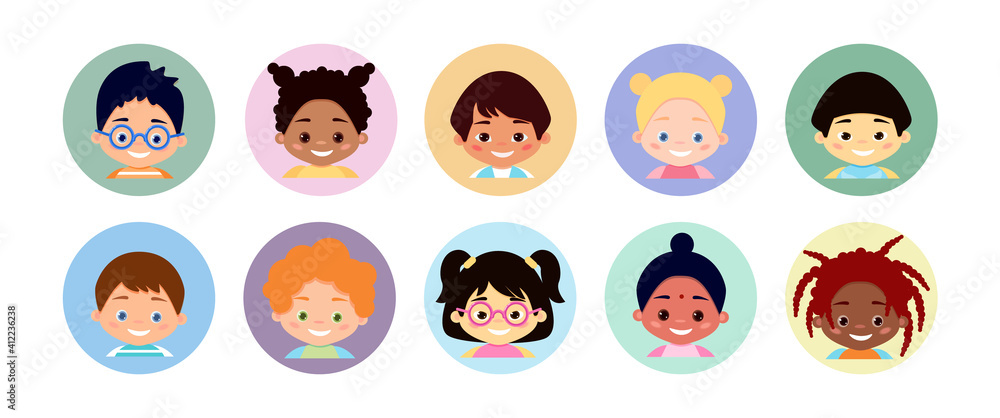 Set of cute children avatars in round frames. Cute cheerful faces of multinational girls and boys with different skin color, hairstyles, clothes. Vector flat illustration isolated on white background. Set of cute children avatars in round frames. Cute cheerful faces of multinational girls and boys with different skin color, hairstyles, clothes. Vector flat illustration isolated on white background.