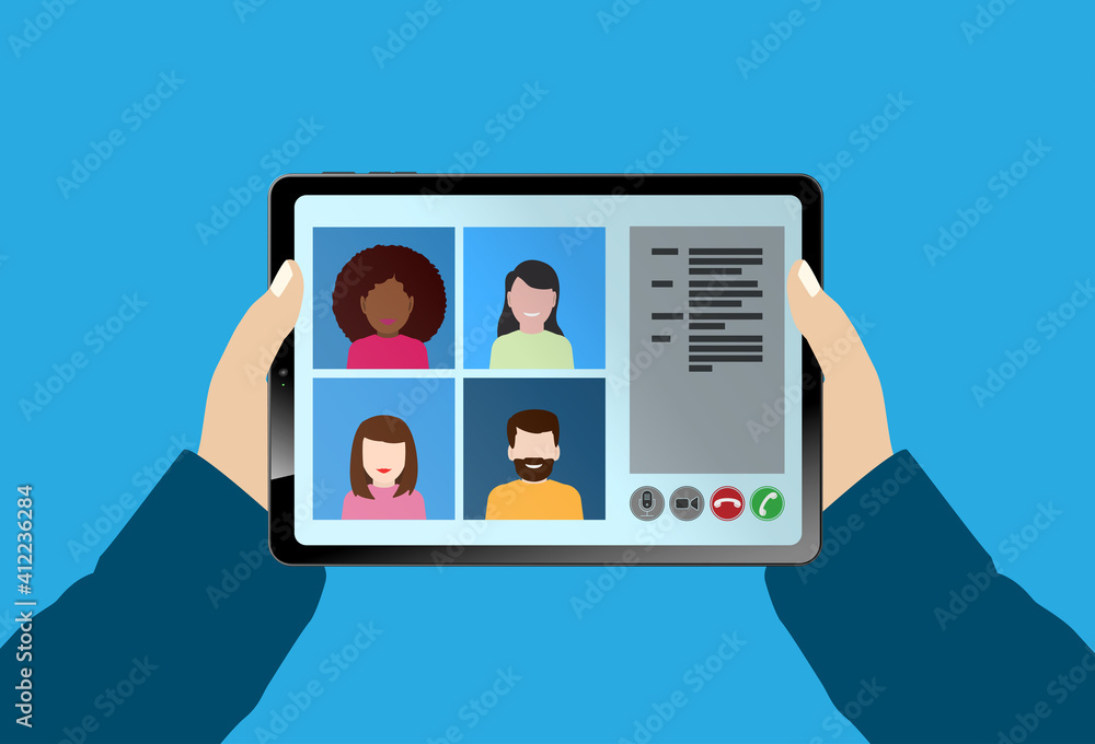 hands of person holding tablet computer with video conference call vector illustration hands of person holding tablet computer with video conference call vector illustration