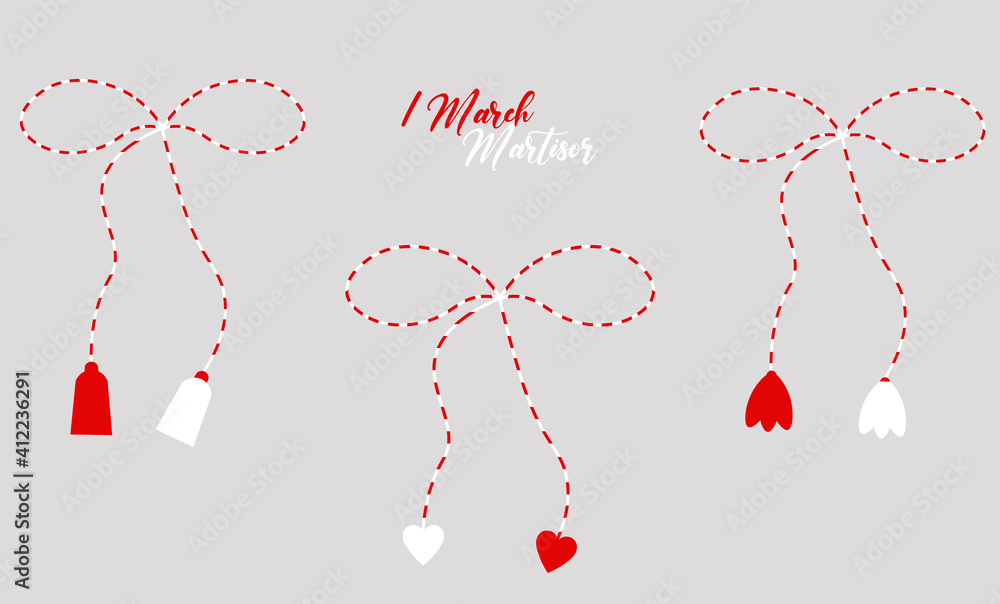 Martisor red and white, cute set isolated, 1 March, spring, march banner, season decoration, traditional, nice design, love, gift, vector illustration - obrazy, fototapety, plakaty 