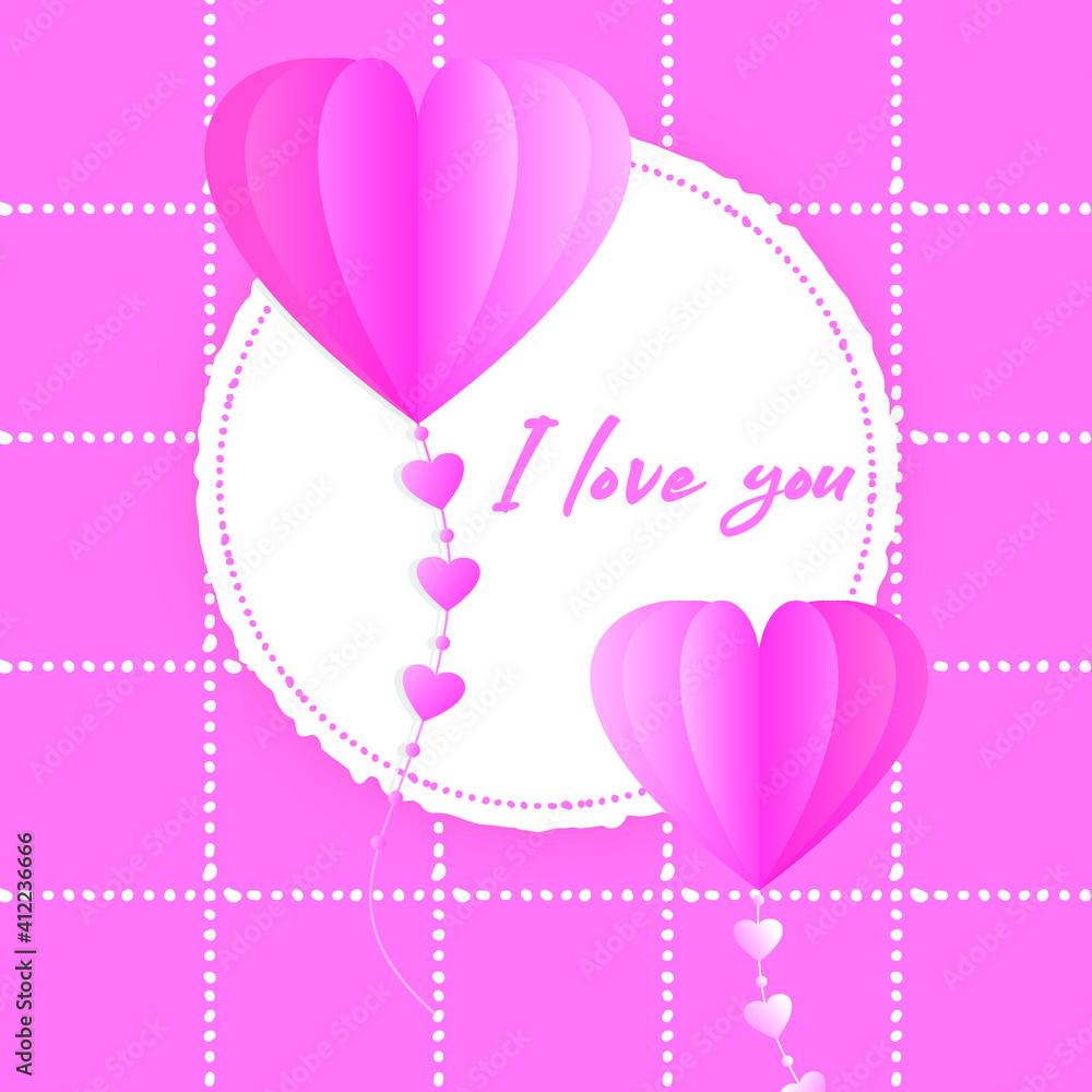 I love you. Pink stylized balloons in the form of hearts on a pink background in a white cage. Vector illustration