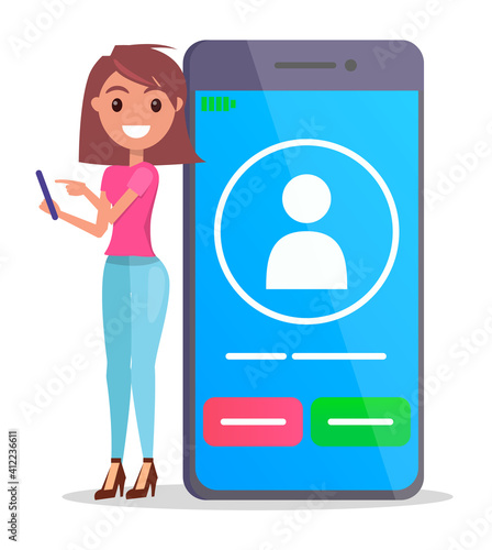 Young girl using phone standing near huge smartphone, income call, accept and reject call buttons. Pretty girl with modern gadget. Using smartphone by short-haired woman, screen display of device