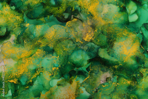 art photography of abstract fluid art painting with alcohol ink, green and gold colors