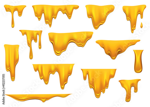 Honey drippings on white background. Sweet yellow collection of delicious melted honey drops. Golden flow syrup, caramel flowing or liquid melt template. Colorful delicious honey drops