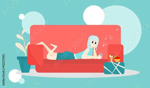 Concept happy people. Girl lying on the sofa playing mobile phone  Happily  Flat style vector, illustration for content.  Relaxation lifestyle, Vacations, Happiness, Fun, Sleeping music, Phone calls.