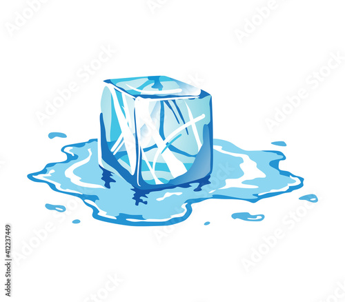 Water ice cube icon. Frozen melting water particle. Translucent ice cube in blue color. Realistic blue solid water