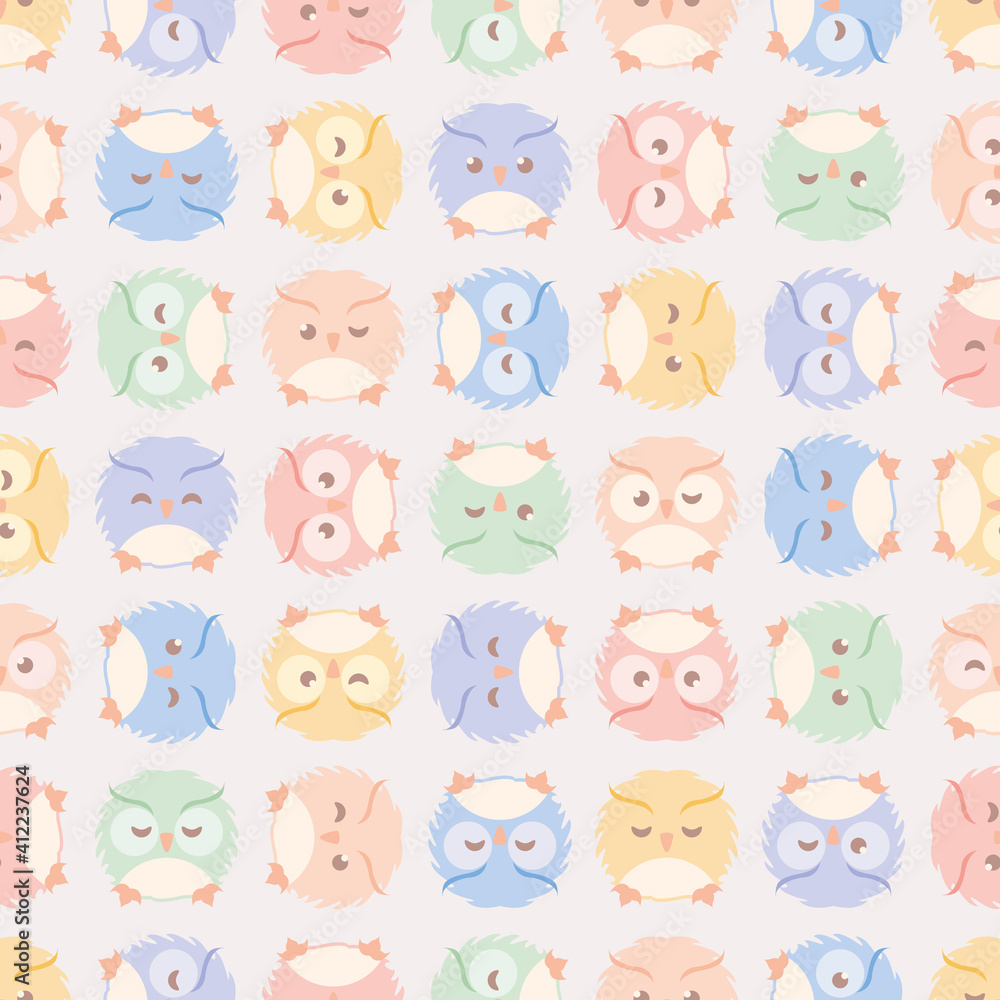 Cute fluffy owls seamless pattern. Soft retro-colored vector illustration for children.